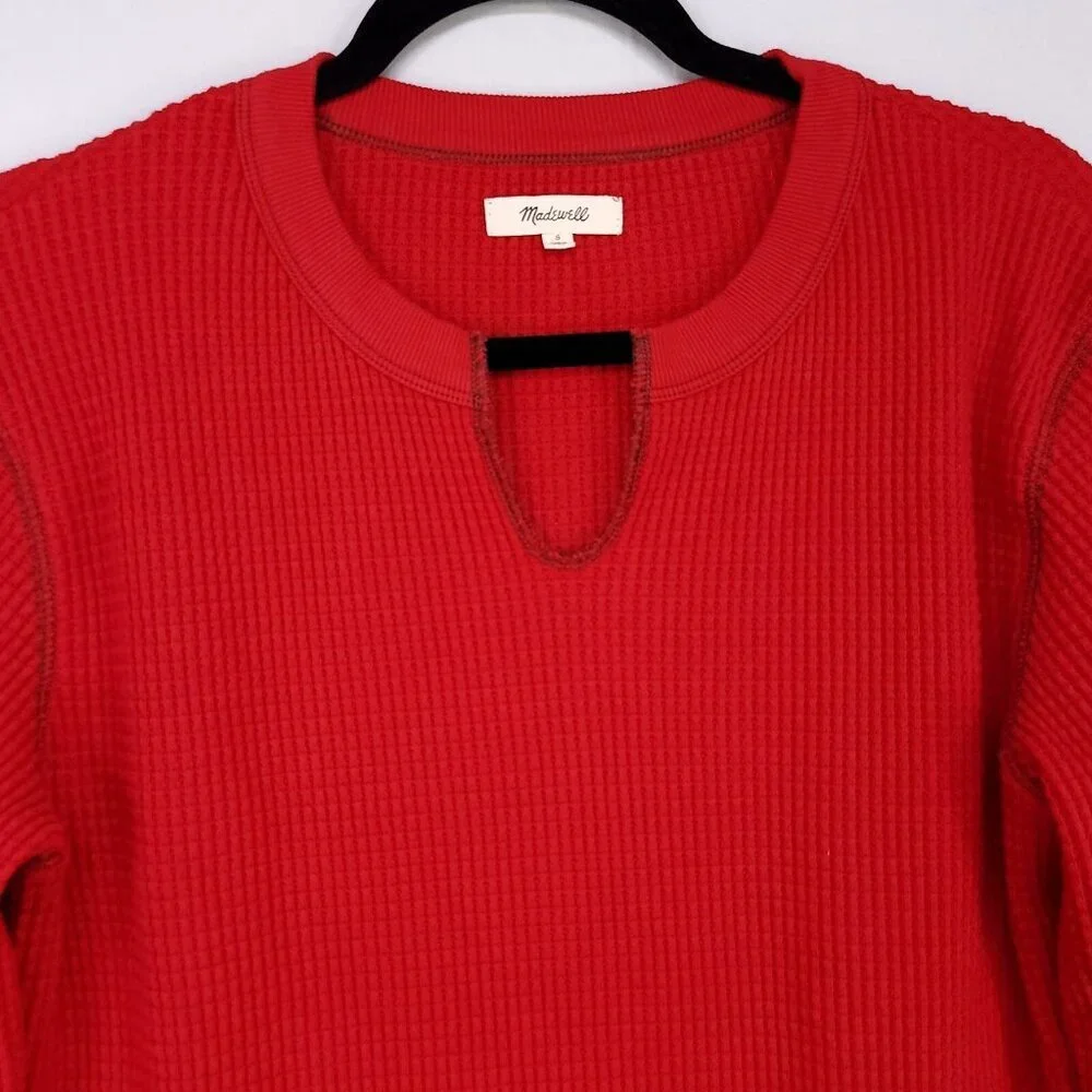 Madewell Waffle Split Neck Crop Tee Long Sleeve Size Small Red Thermal - Picture 4 of 11